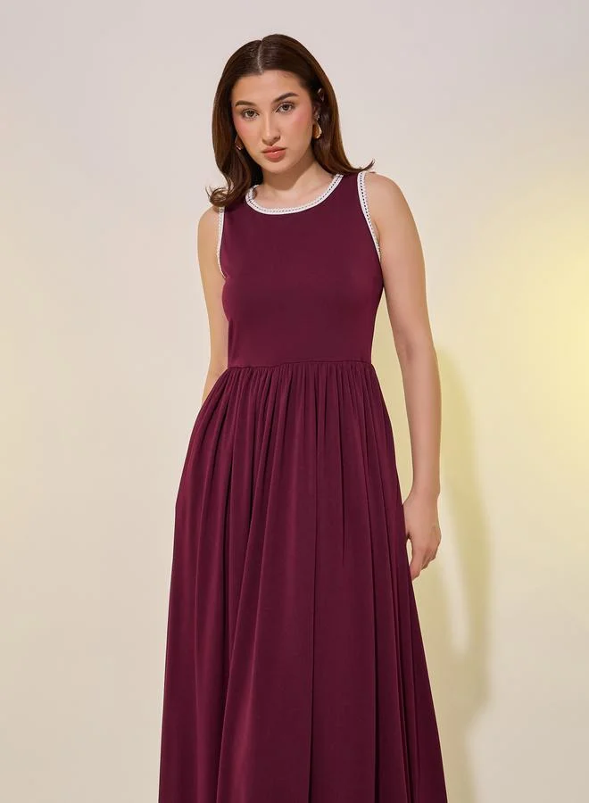 Take Two Solid Lace Trim Sleeveless A-Line Midi Dress